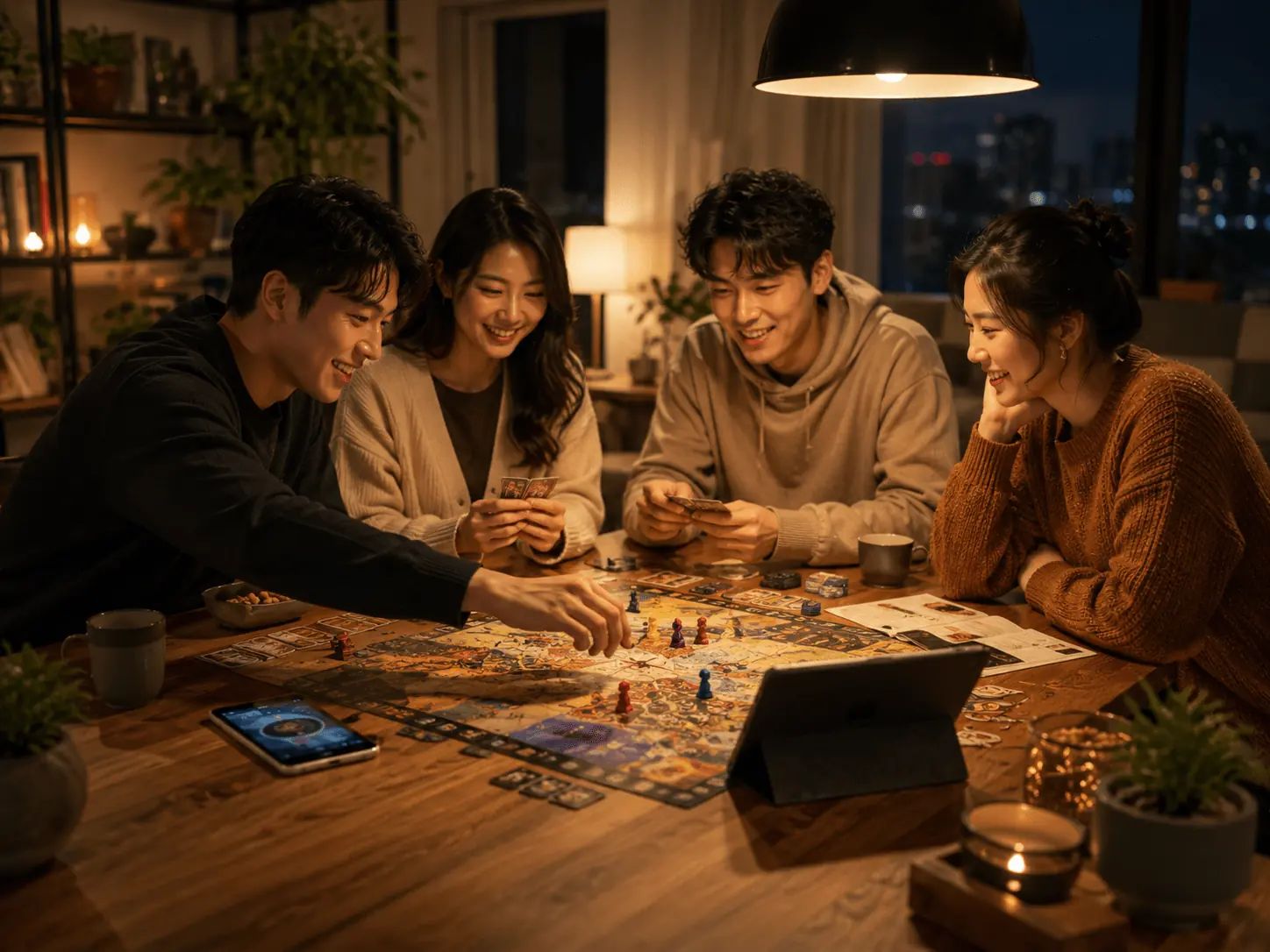 朋友使用桌遊配件進行遊戲